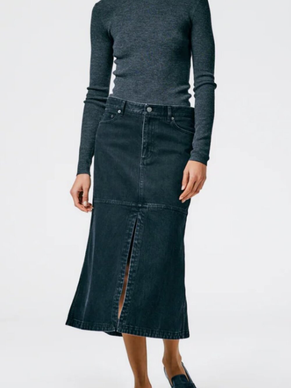 Tibi Black Denim Midi Skirt Size 24 Japanese Garment-Washed Denim